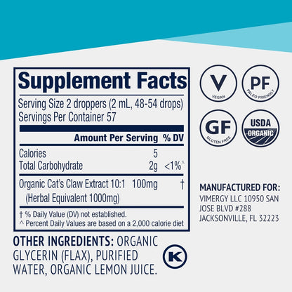 Vimergy USDA Organic Cat’s Claw Liquid – Provides Antioxidant Support* – Benefits The Immune System* – Vegan, Gluten-Free, Non-GMO – 57 Servings (115 mL)