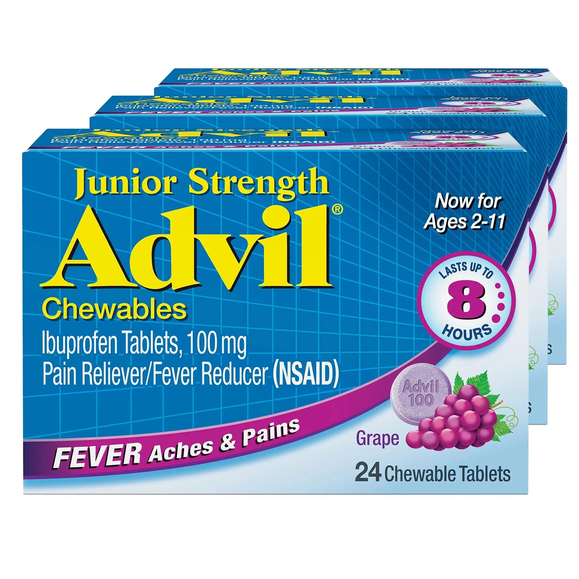 Advil Junior Strength Chewable Ibuprofen Pain Reliever and Fever Reducer, Children's Ibuprofen for Pain Relief, Grape - 24 Tablets (Pack of 3) AdvilBuy Supplements Australia