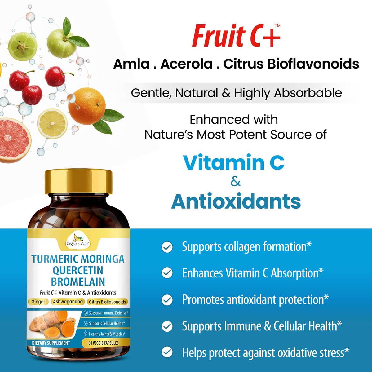 Organic Veda Turmeric Moringa Quercetin with Bromelain Capsules - Fruit C+ Vitamin C Antioxidants Immune System & Respiratory Supplement - Ashwagandha, Ginger, Citrus Bioflavonoids, 60 Vegan Capsule Organic VedaBuy Supplements Australia