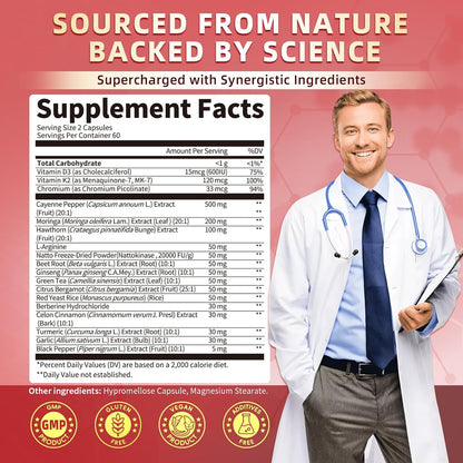 Cayenne Pepper Enteric-Coated Capsules for Circulation, Heart & Digestion* | 18 in 1 Concentrated Complex w/ Nutrient Beet Root, Hawthorn, L-Arginine & D3K2 - for Women and Men - Natural | GMP, 120 Ct
