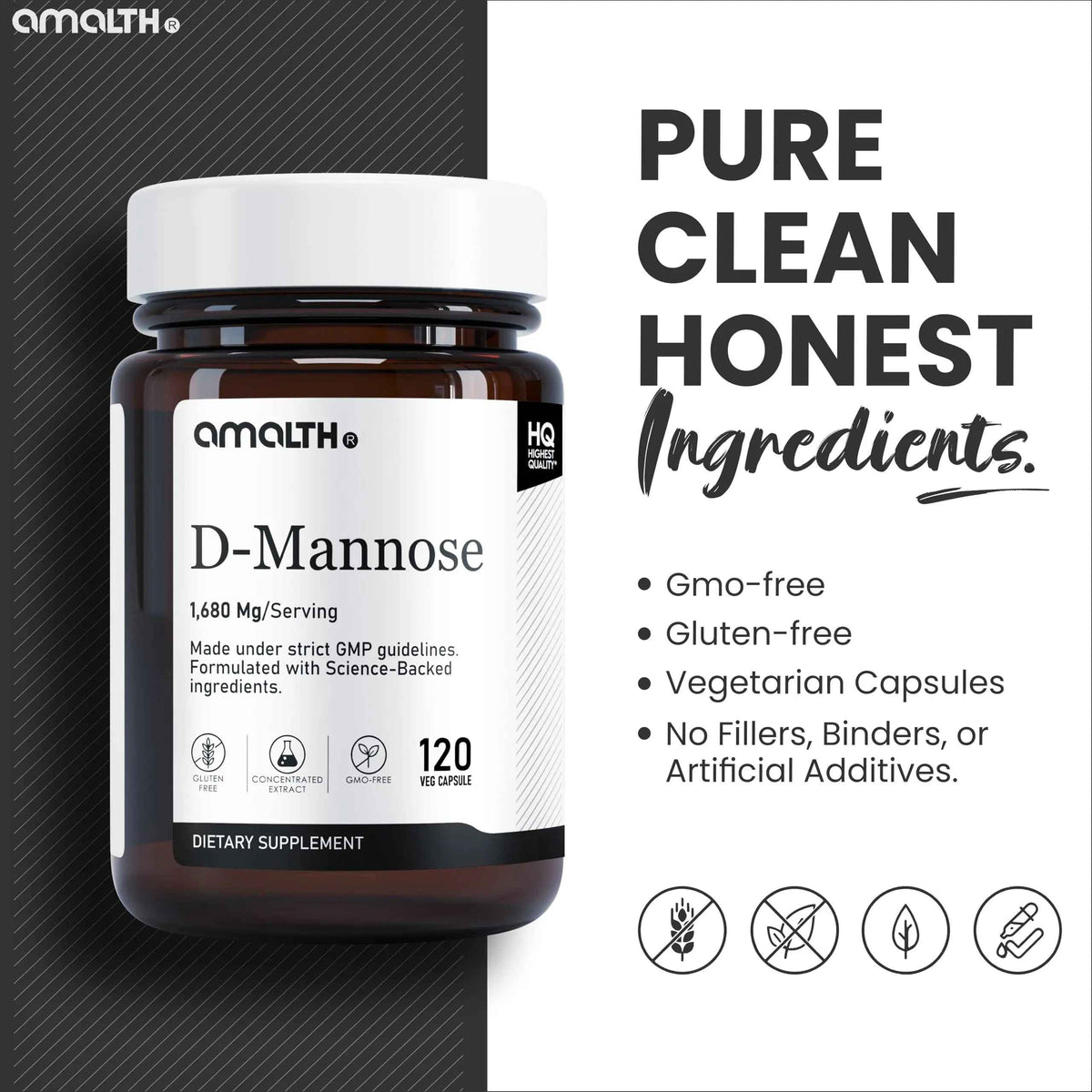 AMALTH D-Mannose Capsules 1680 mg per Serving, 120 Vegan Capsules, Pure Single Ingredient Mannose Supplement, Urinary Tract Support, UTI Wellness Support, Non GMO, Gluten Free