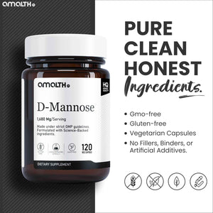 AMALTH D-Mannose Capsules 1680 mg per Serving, 120 Vegan Capsules, Pure Single Ingredient Mannose Supplement, Urinary Tract Support, UTI Wellness Support, Non GMO, Gluten Free