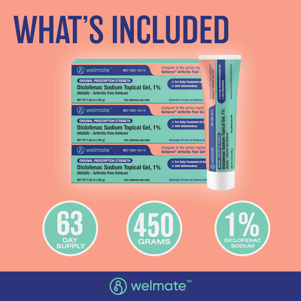 WELMATE - Arthritis Pain Reliever - Diclofenac Sodium Topical Gel 1% - Arthritis Relief - Pain Relief Cream/Gel - Mobility Aids - 5.29 oz - 3 Pack