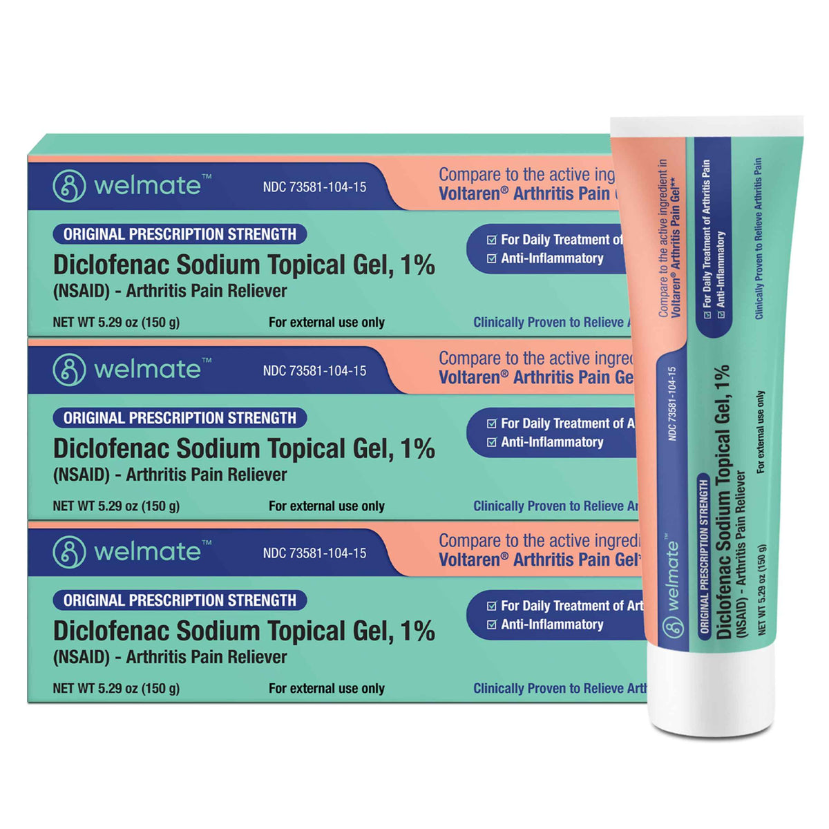 WELMATE - Arthritis Pain Reliever - Diclofenac Sodium Topical Gel 1% - Arthritis Relief - Pain Relief Cream/Gel - Mobility Aids - 5.29 oz - 3 Pack