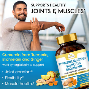 Organic Veda Turmeric Moringa Quercetin with Bromelain Capsules - Fruit C+ Vitamin C Antioxidants Immune System & Respiratory Supplement - Ashwagandha, Ginger, Citrus Bioflavonoids, 60 Vegan Capsule Organic VedaBuy Supplements Australia