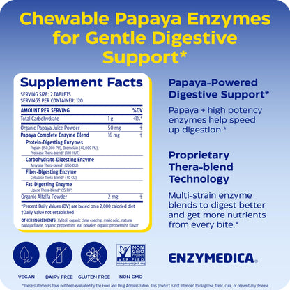 Enzymedica Papaya Complete - Papaya Enzymes Chewable, Digestive Enzyme Supplement for Women and Men, Digestion & Gut Health Support, High Potency Bromelain & Papain, Vegan, Gluten Free - 120 Tablets