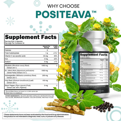 Clean Nutraceuticals St Johns Wort Rhodiola Rosea Holy Basil Ashwagandha - Mood Support for Women and Men with Vitamin C & Black Pepper Extract - 90 Caps