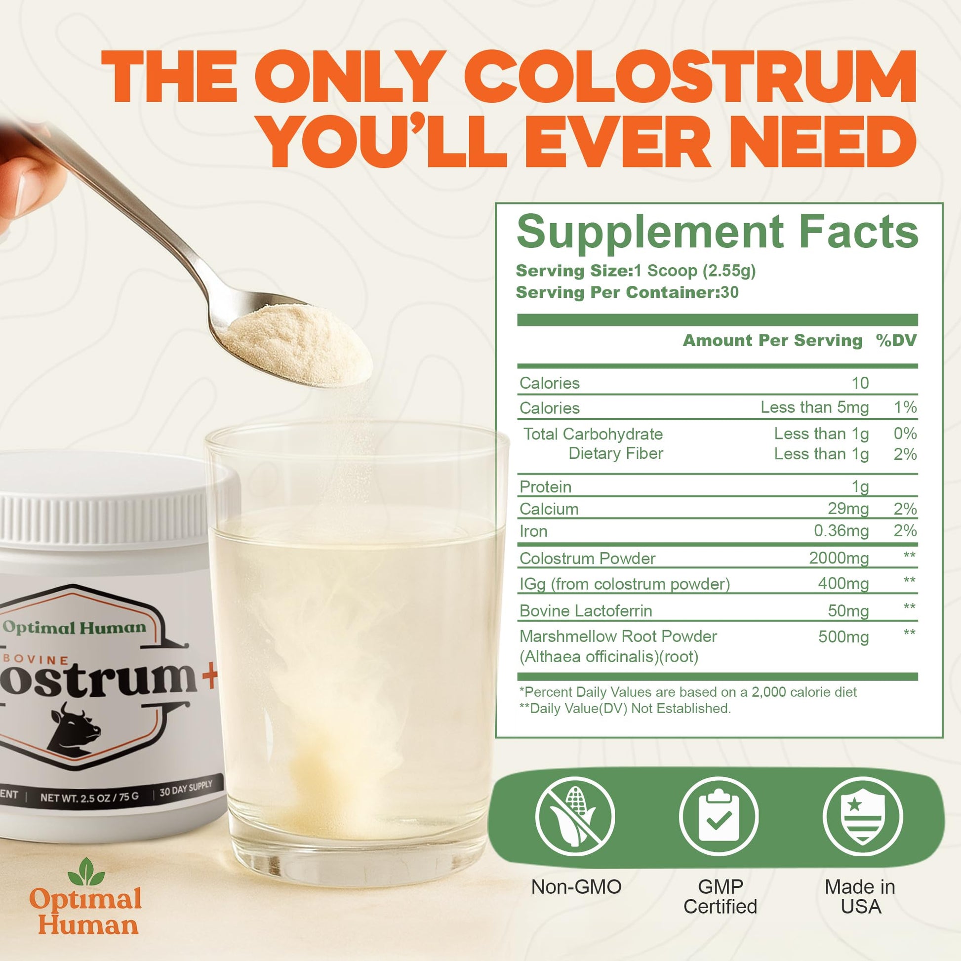 O H Optimal Human Bovine Colostrum Powder with Marshmallow Root – Gut & Immune Support Colostrum Supplement Capsules with IgG & Protein – Non-GMO, GMP Certified, Made in USA – Unflavored 30 Servings O H buy supplements Au