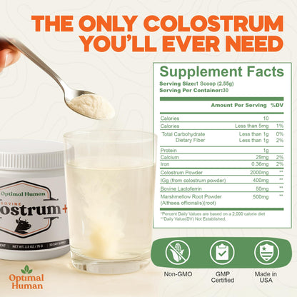O H Optimal Human Bovine Colostrum Powder with Marshmallow Root – Gut & Immune Support Colostrum Supplement Capsules with IgG & Protein – Non-GMO, GMP Certified, Made in USA – Unflavored 30 Servings O H buy supplements Au