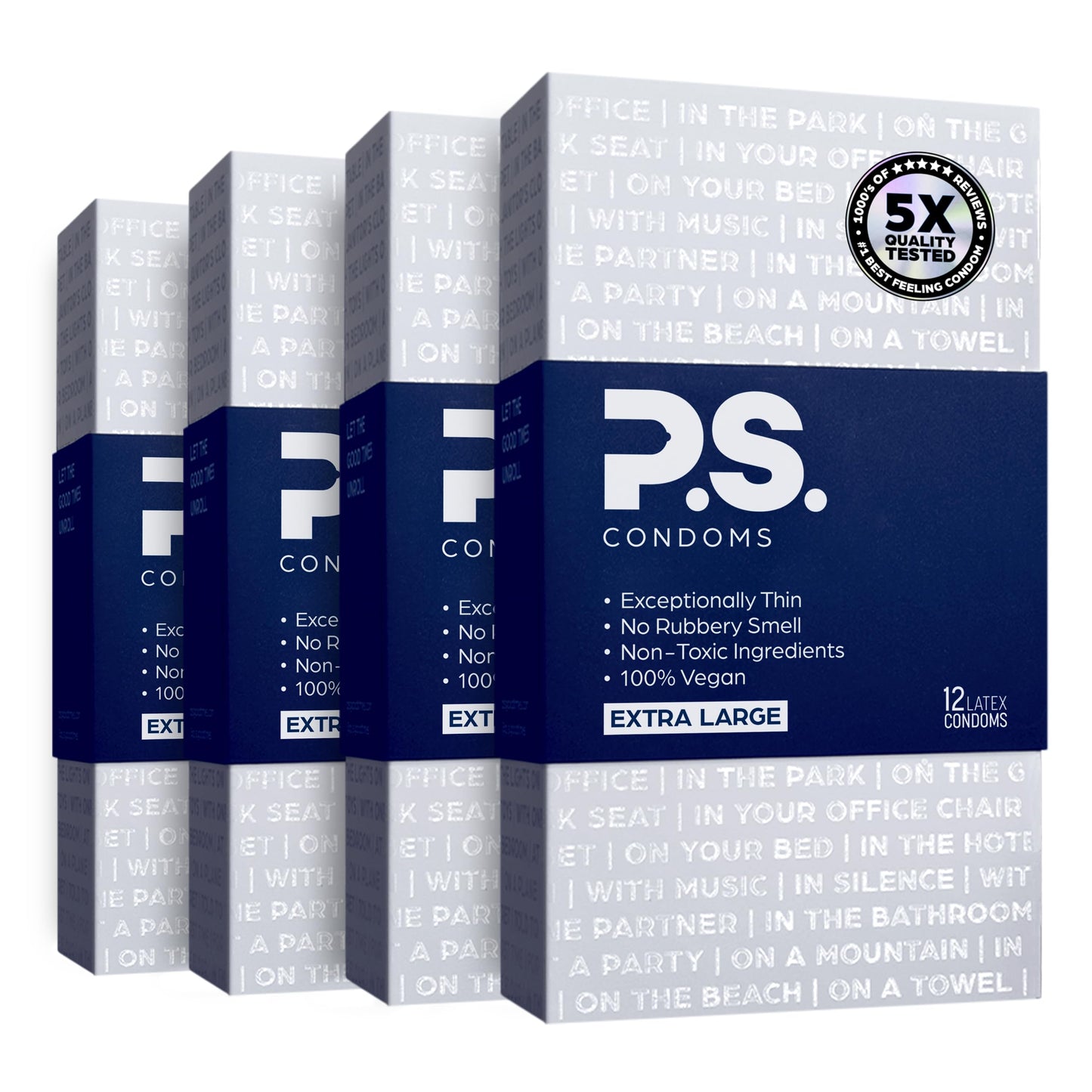 PS Condoms Exceptionally Thin Latex Condoms, Clean & Odorless, 12 Pack | Individually tested, 0.045 mm natural rubber, 40% thinner, lubricated, vegan, and free of PFAS, gluten, glycerin and parabens