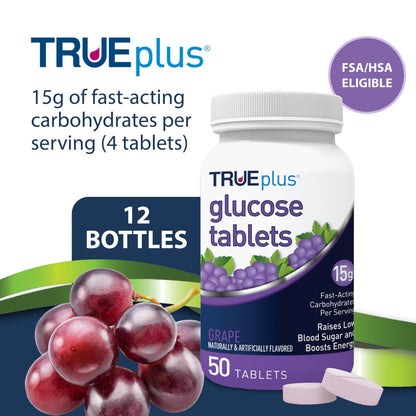TRUEplus Glucose Tablets, Grape, Raspberry, Orange Flavors, 50 Count | Chewable Tablets, 15g Fast-Acting Carbohydrates, Fat Free, Gluten Free, Boosts Energy, Great Tasting and Easy to Use