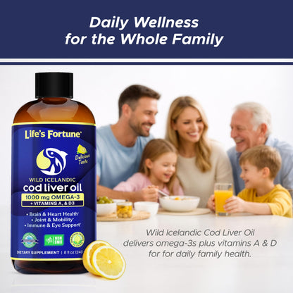 Life's Fortune Cod Liver Oil Liquid Lemon Flavor Organic Supplement with DHA, EPA 1000 mg High Potency Omega-3s + Vitamin A, E & D3 - Supports Immune, Joints, Eyes, 16 Fl Oz (Pack of 1)