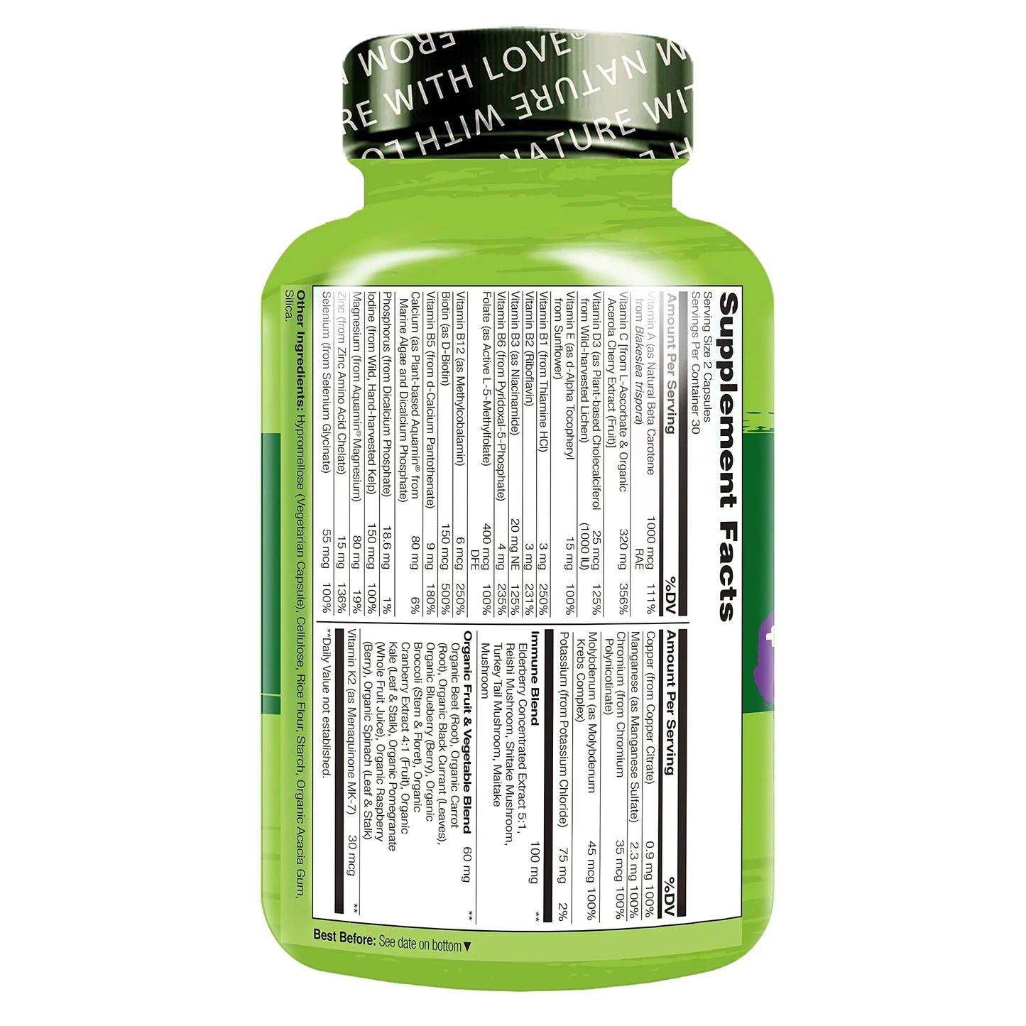 NATURELO Whole Food Multivitamin + Immune Blend with Elderberry & Mushrooms - Complete Multivitamin with Extra Immune Support NATURELO