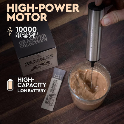 Ancestral Supplements Rechargeable Electric Frother Wand, Stainless Steel | Handheld milk frother and electric whisk for coffee, matcha latte and protein shakes. Fast, easy frothing.