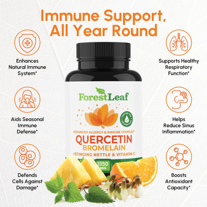 ForestLeaf Quercetin with Bromelain 1350mg - Blend with Vitamin C & Stinging Nettle Supplement, Quercetin 500mg Capsules, Non-GMO Gluten Free, Natural Function, 90 Veggie Caps