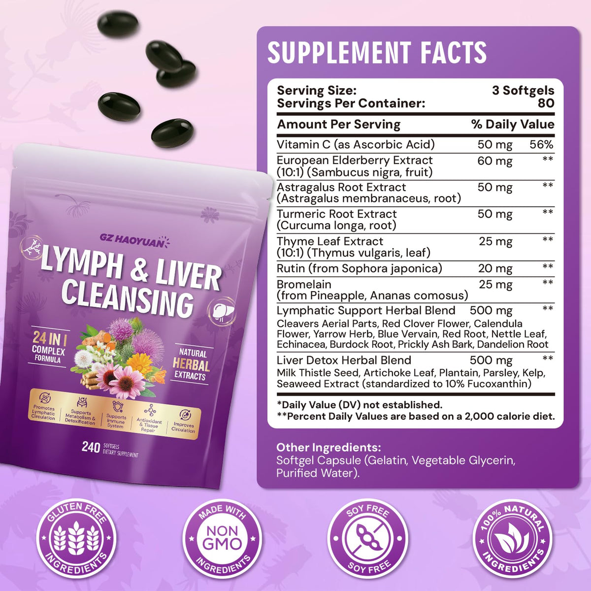 Lymphatic Drainage Supplement, Liver Cleanse Detox & Repair, 24-in-1 Herbal Blend with Echinacea, Dandelion, Burdock, Bromelain, Calendula, Turmeric - Lymph System Support, Less Bloating, 240 Softgels GZ HAOYUAN buy supplements Au