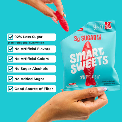 SmartSweets Sweet Fish, Low Sugar Gummy Candy (3g), Low Calorie (130), Gluten-Free -1.8oz (Pack of 12) Packaging may vary