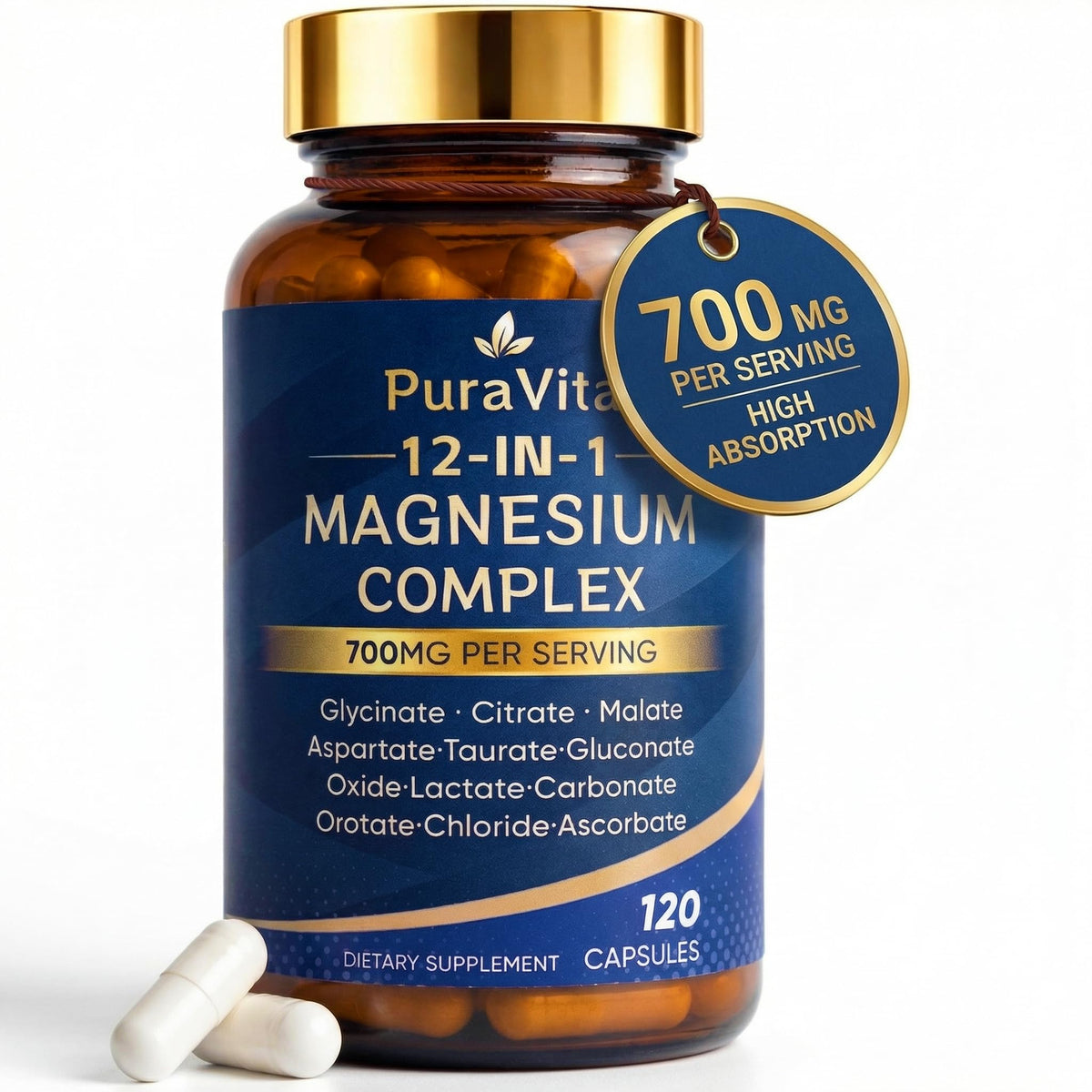 PuraVita 12-IN-1 Magnesium Complex supplement bottle with gold cap and blue label on a white background