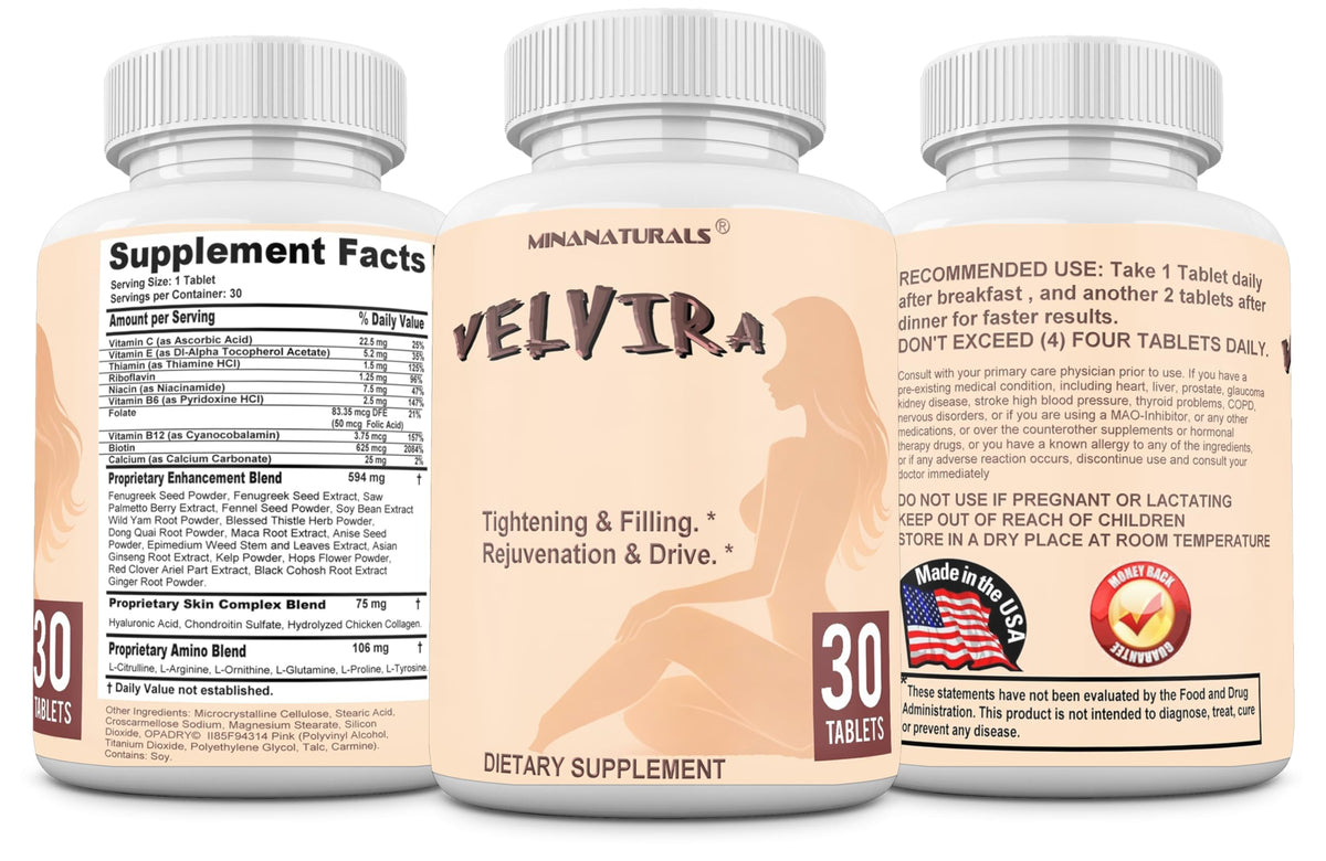 MINANATURALS VELVIRA Feminine Wellness Support Supplement for Women Herbal Rejuvenation Formula with Vitamins, Amino Acids & Collagen 30 Tablets MINANATURALS buy supplements Au