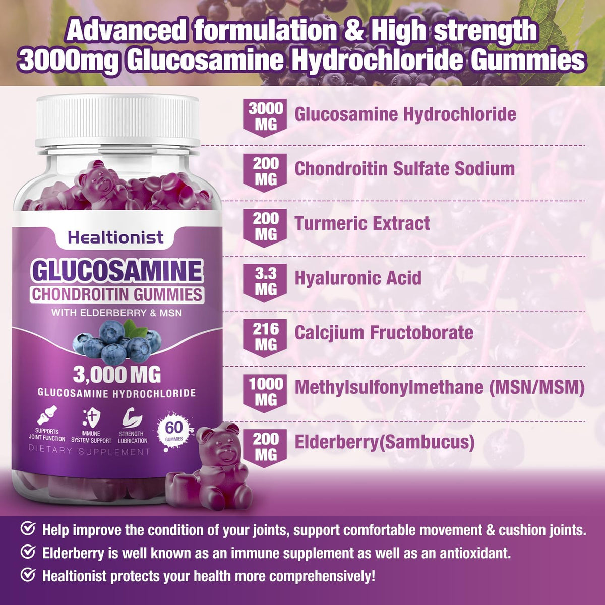2 Packs 3000mg Glucosamine Chondroitin Gummies with MSM & Elderberry - Extra Strength Joint Health, Flexibility, Antioxidant Immune Support Supplement Gummy for Adults, Men & Women 120 Cts