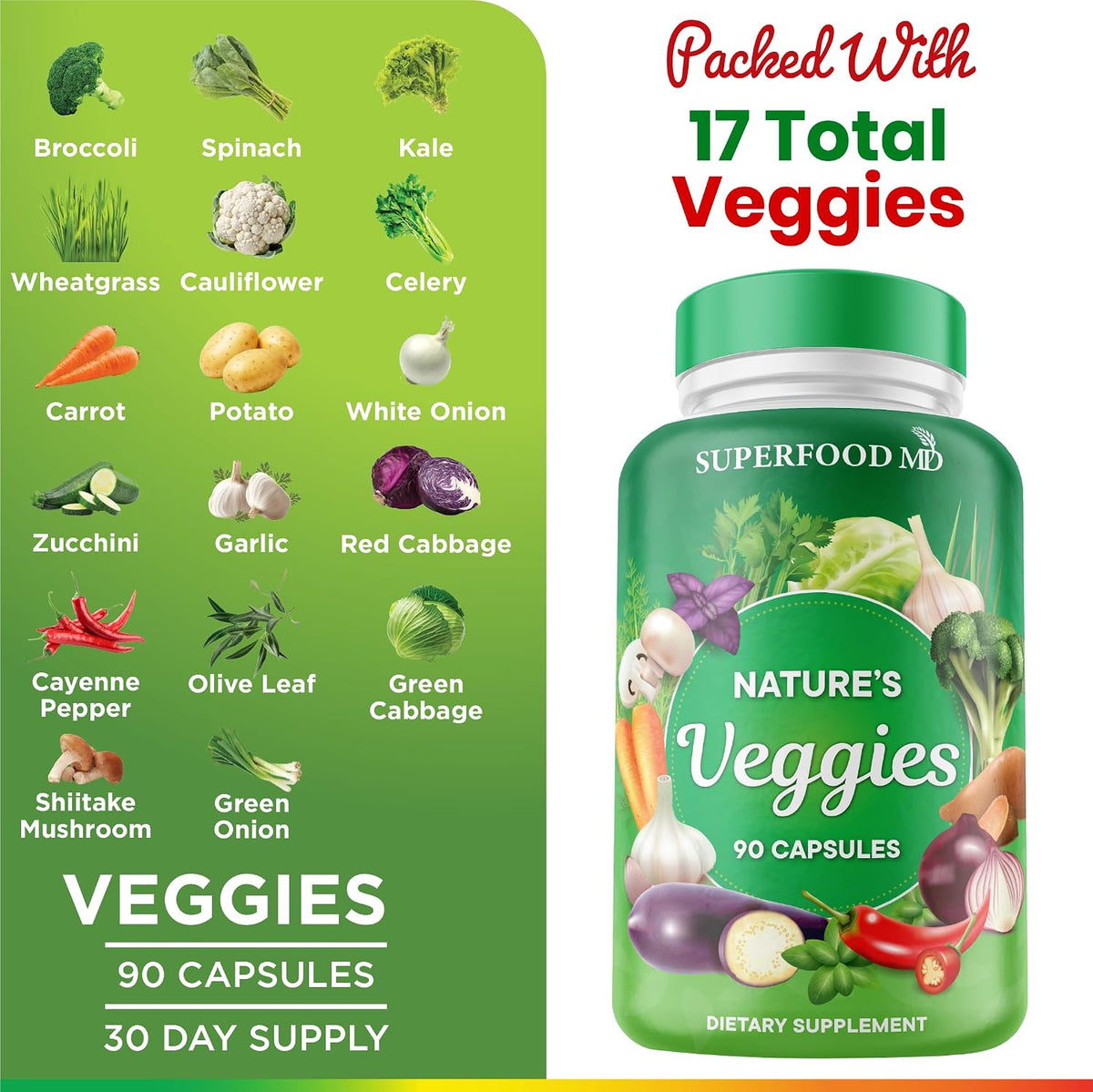 Superfood MD Veggies Supplement - 90 Veggie Capsules - Supports Energy Levels, Beta Carotene, Vitamins & Minerals - Soy Free - 90 Count