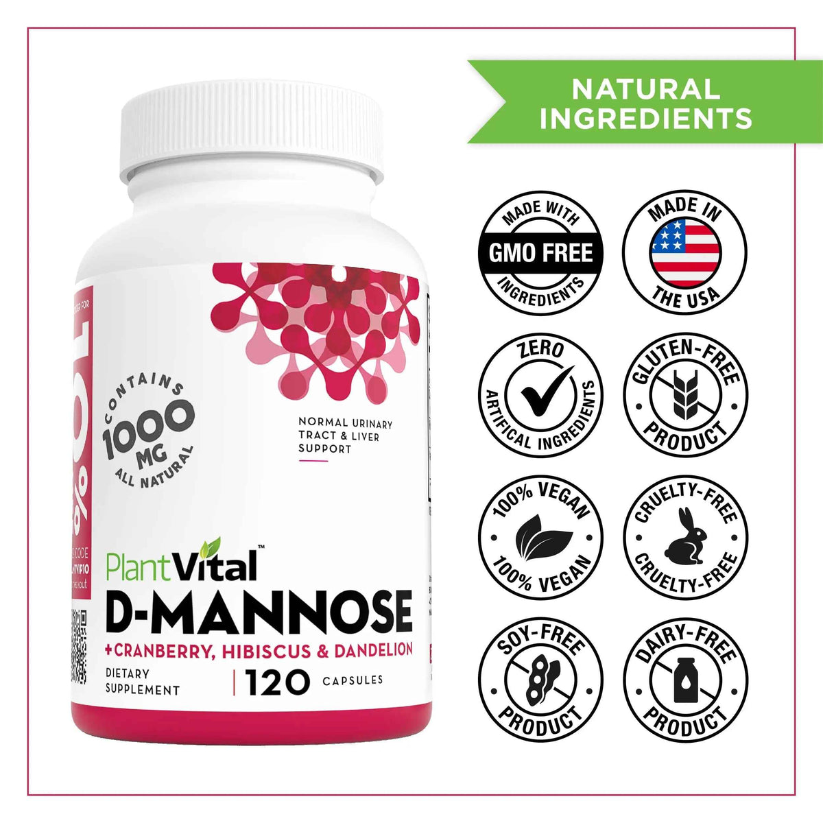 Plantvital D Mannose Capsules with Cranberry - D-mannose 1000mg Capsules - High Potency for Bladder, Kidney and Urinary Tract Support. Cranberry Powder with Hibiscus and Dandelion. 2 Months Supply