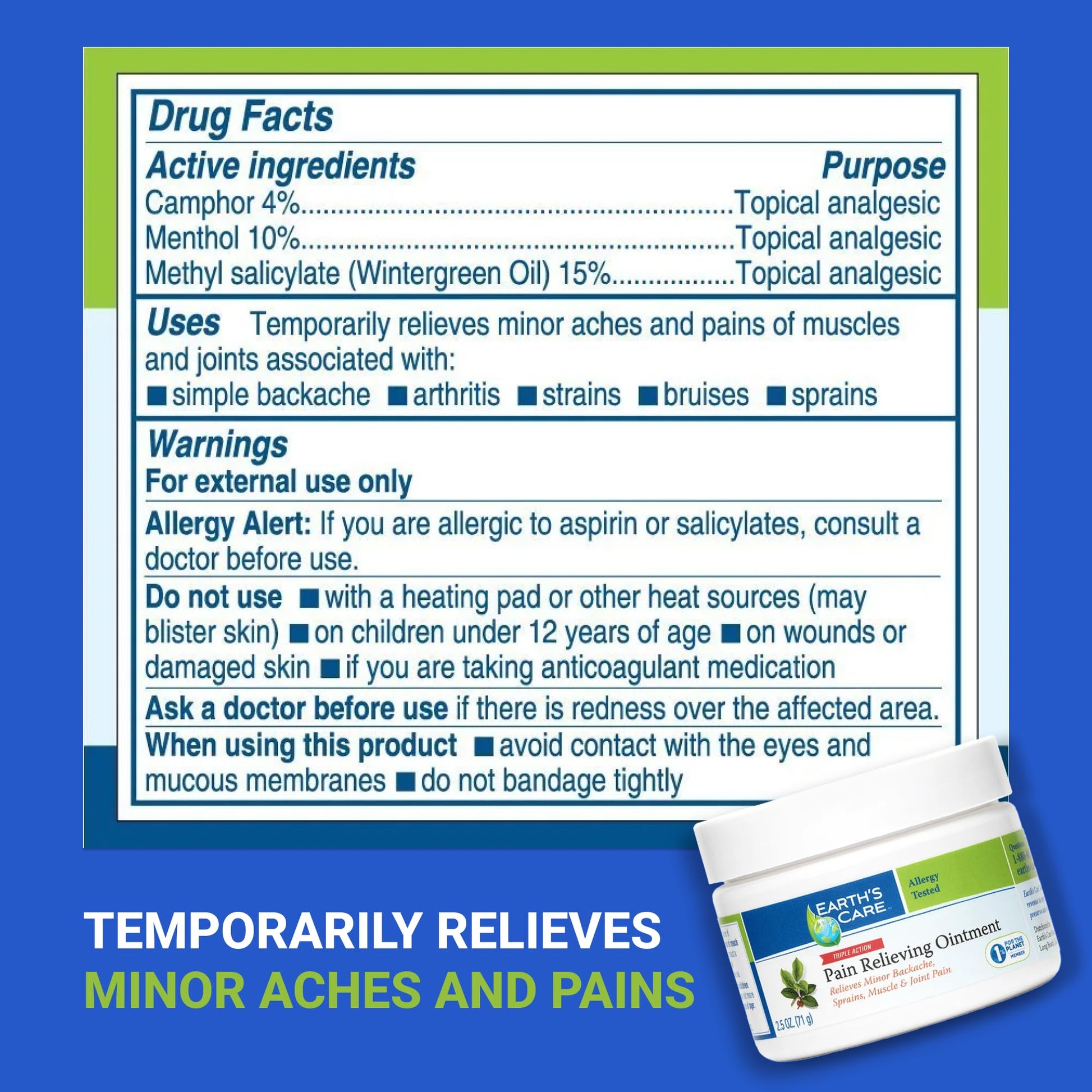 Earth's Care Triple Action Pain Relieving Ointment, No Parabens, Colors or Fragrances, Allergy-Tested 2.5 OZ. (2 Jars) Earth's CareBuy Supplements Australia