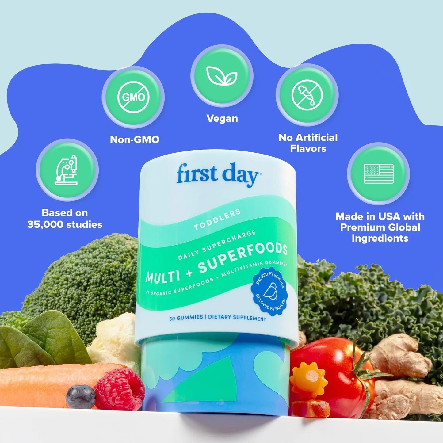 FIRST DAY Toddler Multivitamin Gummies (Ages 2-3)| Kids Multivitamin Gummies with Vitamins A C D3, B2, B12, Choline, Folate and 21 Organic Superfoods| (30 Day Supply) FIRST DAY