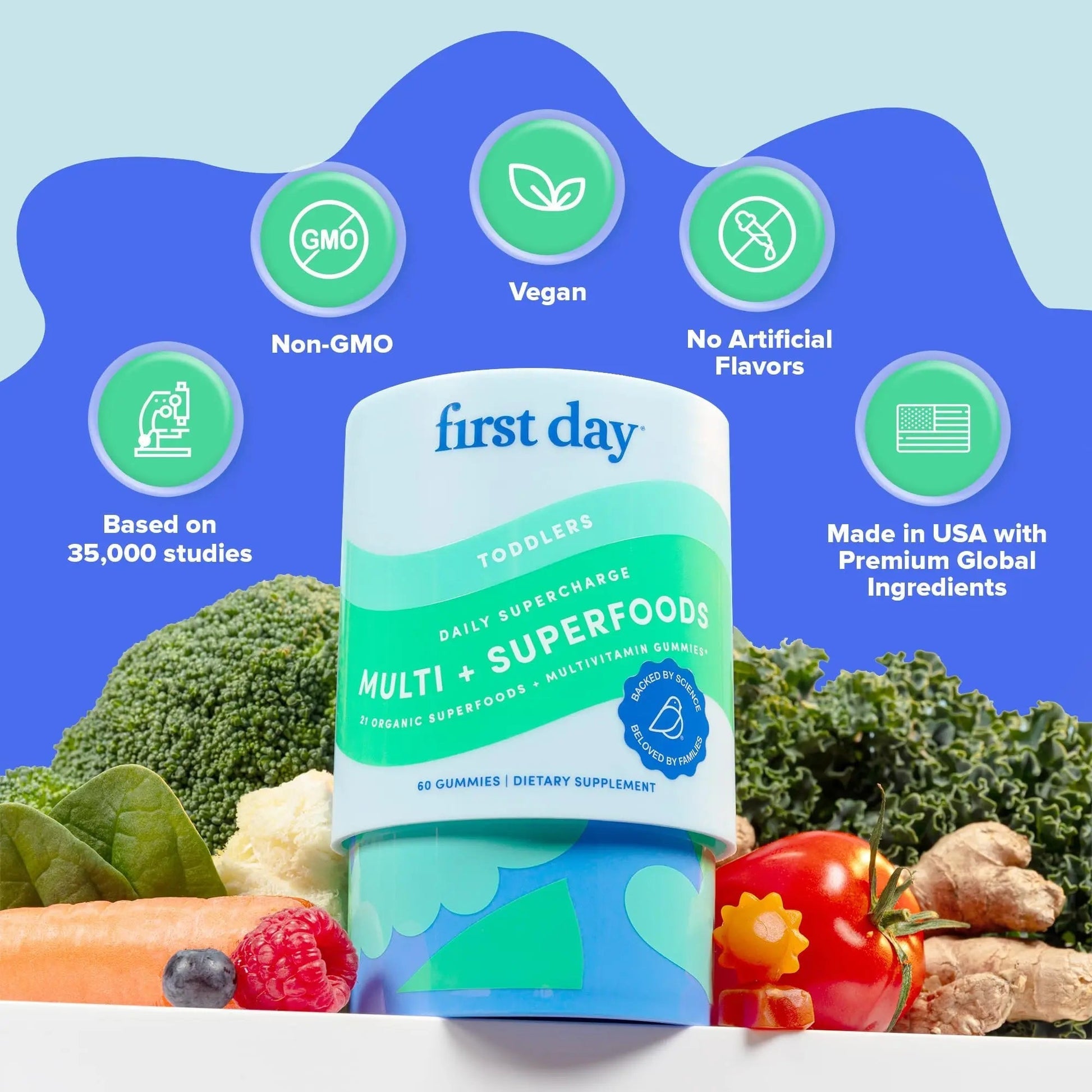 FIRST DAY Toddler Multivitamin Gummies (Ages 2-3)| Kids Multivitamin Gummies with Vitamins A C D3, B2, B12, Choline, Folate and 21 Organic Superfoods| (30 Day Supply) FIRST DAY