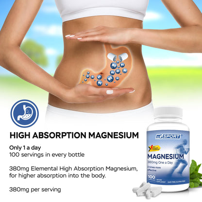 MGSPORT Magnesium Supplement 380mg - High Absorption Magnesium Complex Formula with Vitamins B6, D, E - Supports Muscle Function and Sleep Quality - 100 Servings MgSport buy supplements Au