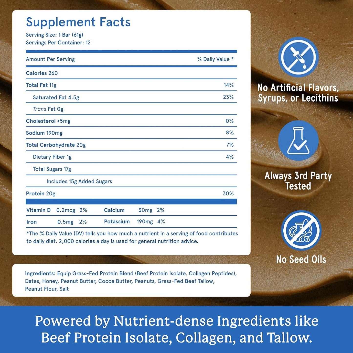 Equip Foods High Protein Prime Bars – Grass Fed Beef Protein, Collagen & Tallow – Gut Friendly, Gluten Free 20g Protein Bars - Only Real-Food Ingredients - On-the Go Snack - Peanut Butter, 12 Count