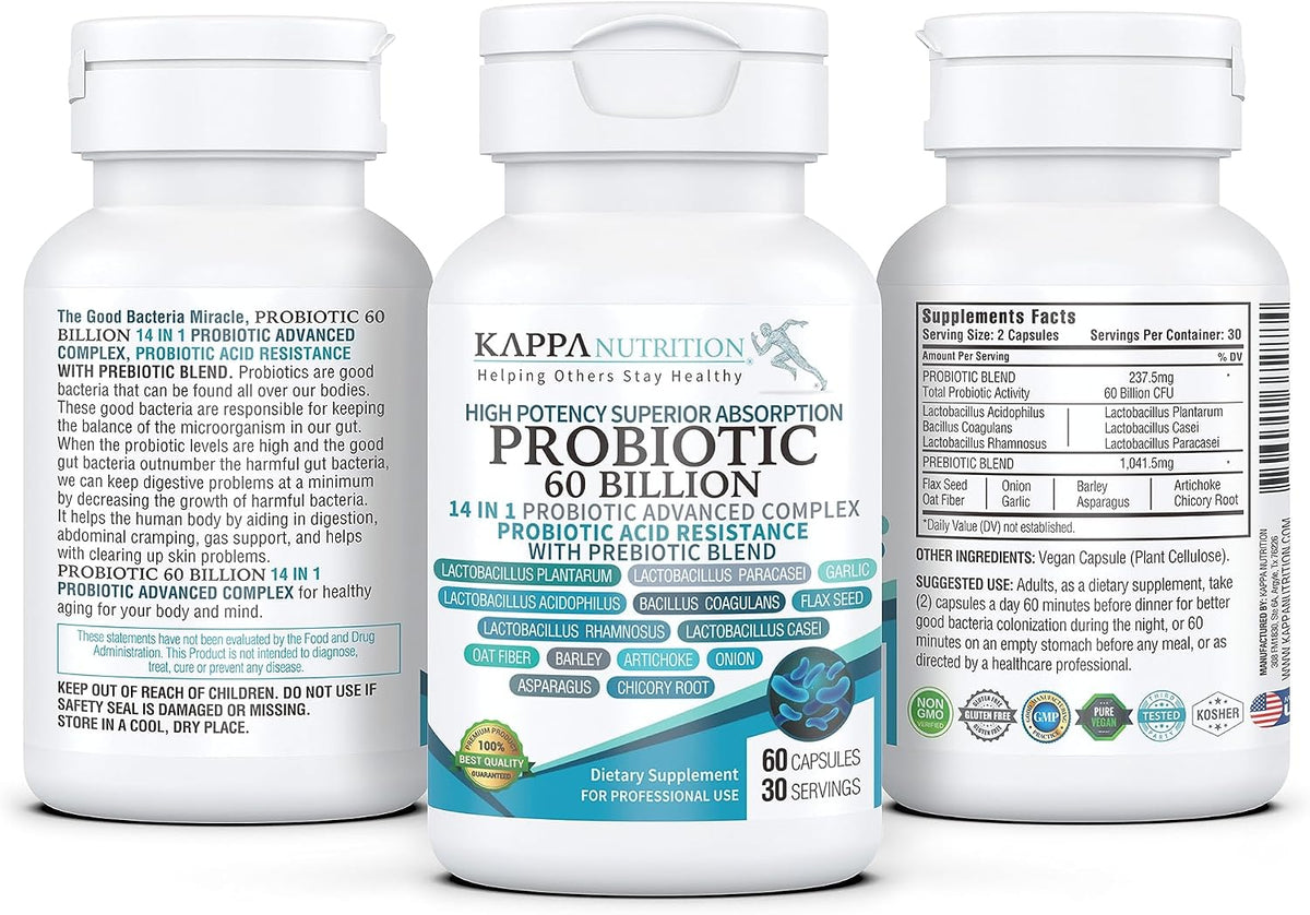 KAPPA NUTRITION Probiotic 60 Billion CFU 14 in 1 Formula with Prebiotics & Acidophilus for Women, Men & Adults, Shelf Stable, Acid Resistant, Natural Supplement 60 Capsules.