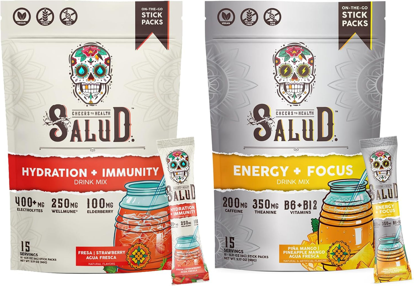 Salud 2-Pack | 2-in-1 Hydration + Immunity (Strawberry) & Energy + Focus (Pineapple Mango) – 15 Servings Each, Agua Fresca Drink Mix, Non-GMO, Gluten Free, Vegan, Low Calorie, 1g of Sugar