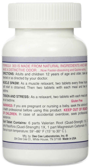 Dee Cee Labs Formula 303 Maximum Strength All-Natural Relaxant Tablets, 250 Tablets; All-Natural Relaxant containing Magnesium for Sore Muscles, Passion Flower, and Valerian Root