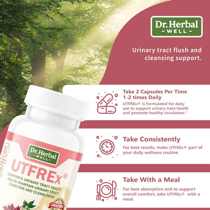 DR. HERBAL WELL UTFREX Clinically Proven Urinary Tract UTI Health Supplement Natural Support Cleanse Flush Protect (No Probiotics & D-Mannose) – 60 Capsules