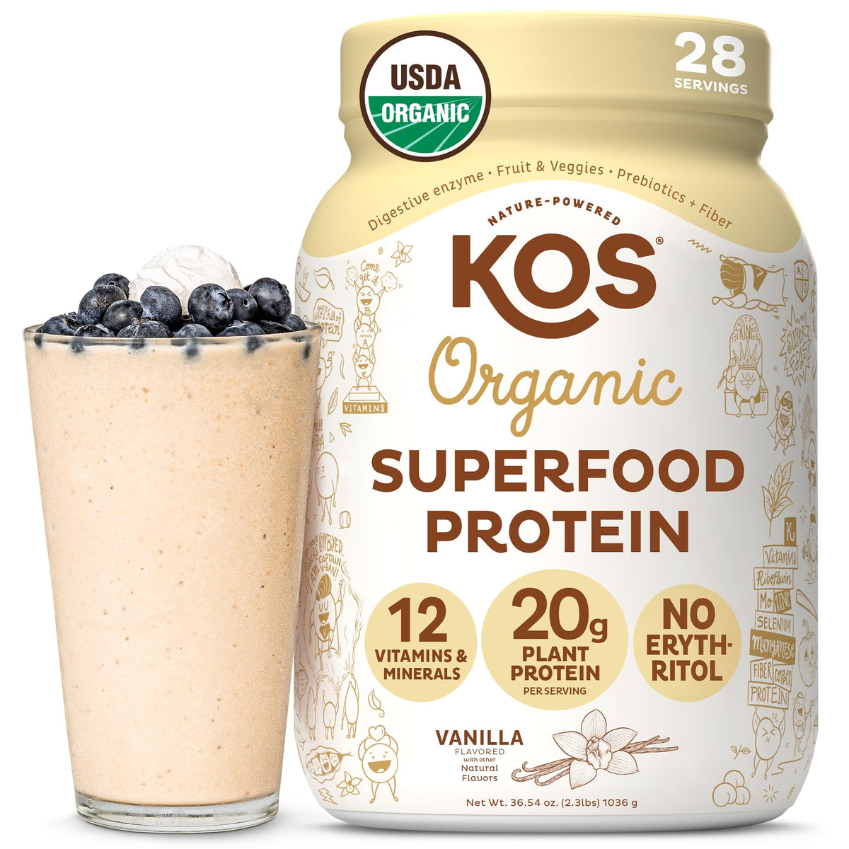 KOS Vegan Protein Powder Erythritol Free, Vanilla USDA Organic - Pea Protein Blend, Plant Based Superfood Rich in Vitamins & Minerals - Keto, Dairy Free - Meal Replacement for Women & Men, 28 Servings KOS buy supplements Au