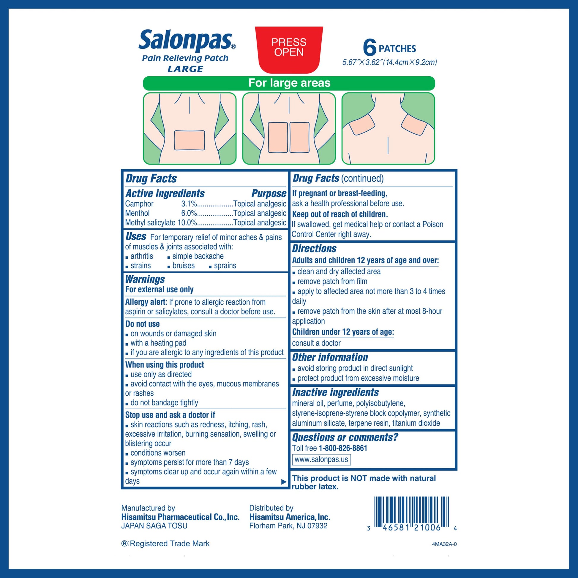 Salonpas Pain Relieving Patch, Large, 6 Count, for Back, Neck, Shoulder, Knee Pain and Muscle Soreness, 8 Hour Pain Relief SalonpasBuy Supplements Australia