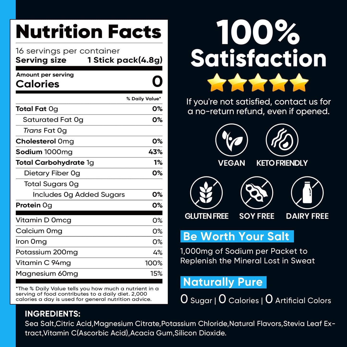 Venture Pal High Sodium Sugar-Free Electrolytes Powder Packets, 16 Sticks | Hydration Packets with Sodium, Potassium & Magnesium, Zero Calories, Keto, Vegan, and Paleo Friendly