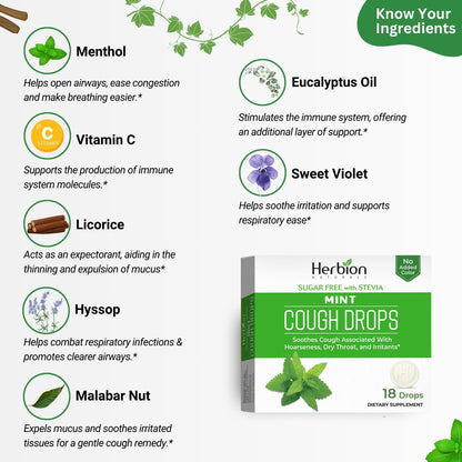 HERBION Naturals Cough Drops, Sugar Free with Stevia, Dietary Supplement, Soothes Cough, for Adults & Children Over 6 Years, 18 Count, Mint, Pack of 1