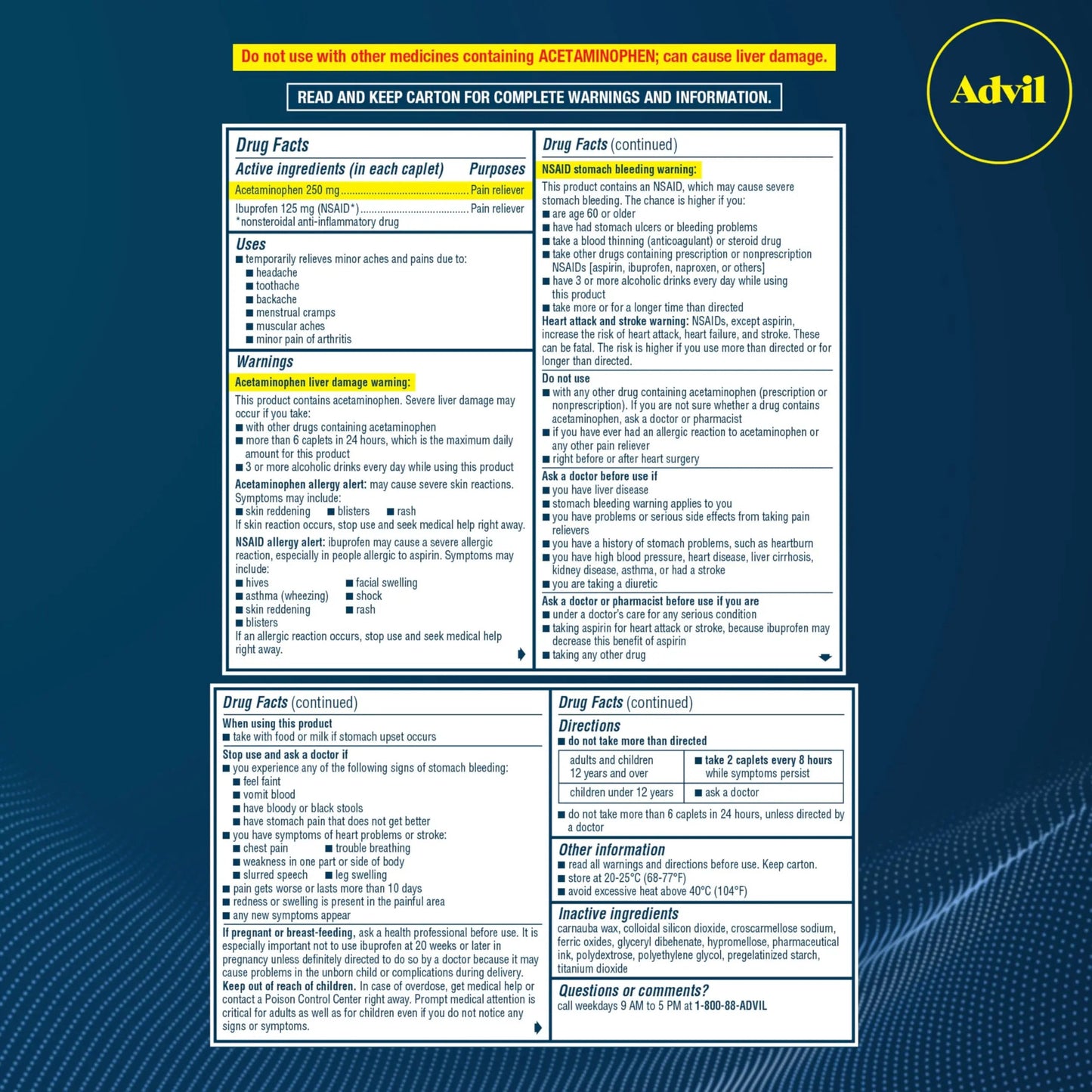 Advil Dual Action Coated Caplets with Acetaminophen, 250 Mg Ibuprofen and 500 Mg Acetaminophen Per Dose (2 Dose Equivalent) for 8 Hour Pain Relief - 72 Count AdvilBuy Supplements Australia