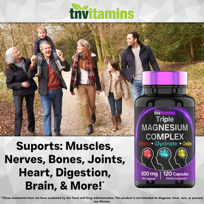 Triple Magnesium Complex Supplement 500mg: Magnesium Glycinate, Citrate, & Oxide - 120 Capsules (4 Month Supply!) | 1 Capsule Serving Provides 125% Daily Value | Non-GMO, Made in The USA! tnvitamins buy supplements Au