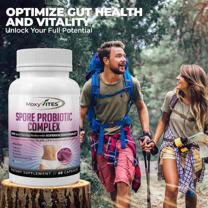 MoxyVites Spore Probiotic Complex - All In One Prebiotics and Probiotics for Digestive Health, Postbiotic, Digestive Enzymes Daily Supplement - Spore Based Probiotic for Women & Men