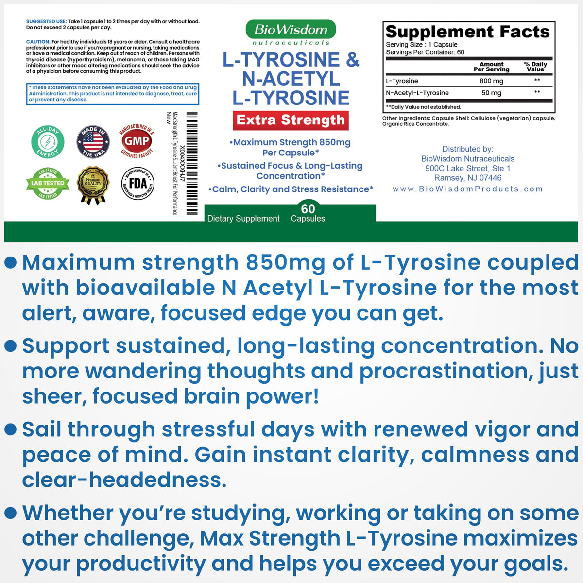 Max Strength L Tyrosine Supplement & N Acetyl L Tyrosine Peak Focus, Alertness, Concentration, Body & Mind Energy. L-Tyrosine 850mg Per 1 Capsule. A Well-Being Nutrient Boost For Performance BioWisdom Nutraceuticals buy supplements Au