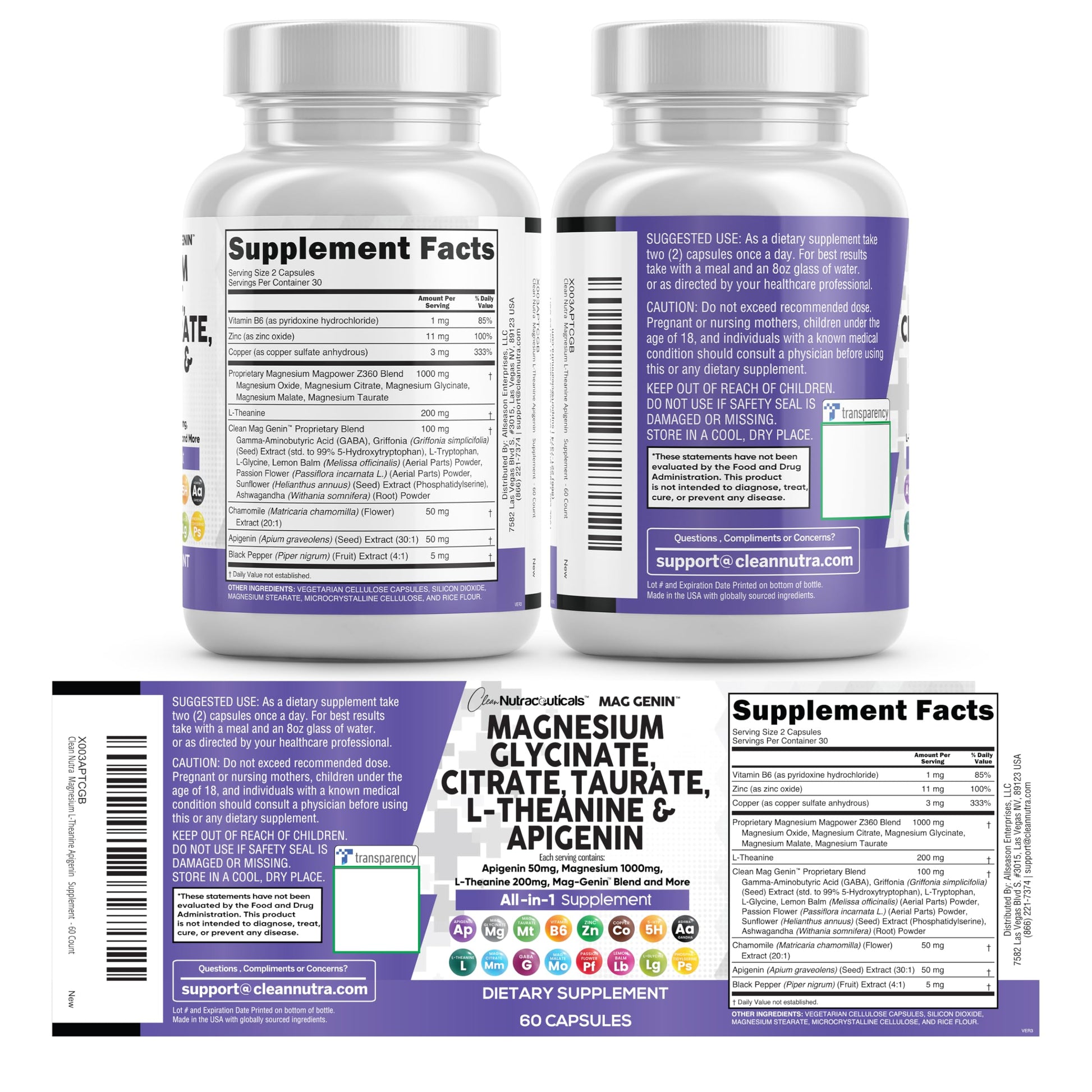 Clean Nutraceuticals Magnesium Glycinate Complex 1000mg with L-Theanine 200mg Apigenin 50mg Citrate Taurate Supplement - 5-HTP GABA Passion Flower Lemon Balm L-Glycine Phosphatidylserine - 60 Count Clean NutraceuticalsBuy Supplements Australia