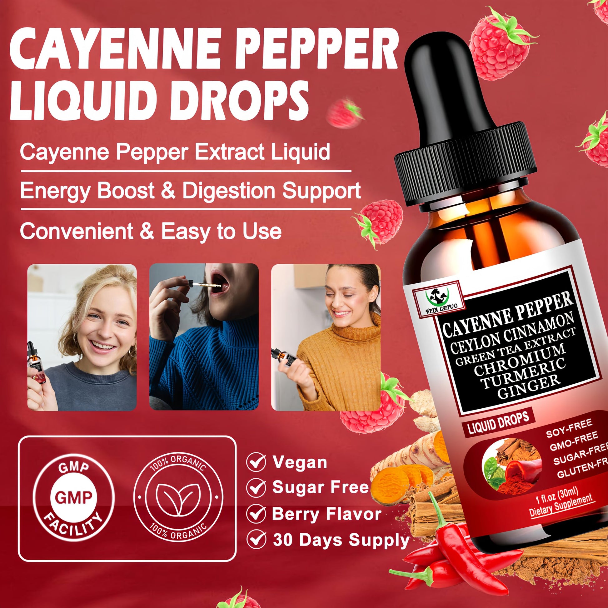 Cayenne Pepper Drops, High Absorption 6-in-1 Liquid Cayenne Pepper Supplement w/Ceylon Cinnamon, Green Tea Extract, Turmeric, Organic Liquid Drops Than Cayenne Capsules Powder Vita letuo buy supplements Au