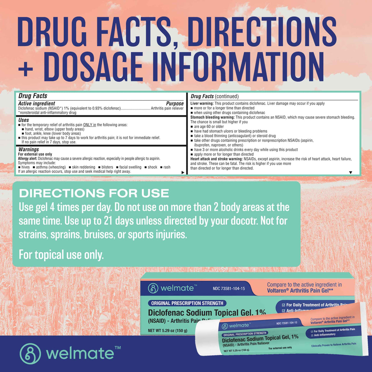 WELMATE - Diclofenac Sodium Topical Gel 1% (5.29 oz) - Arthritis Pain Reliever & Mobility Aid - Pain Relief Cream/Gel