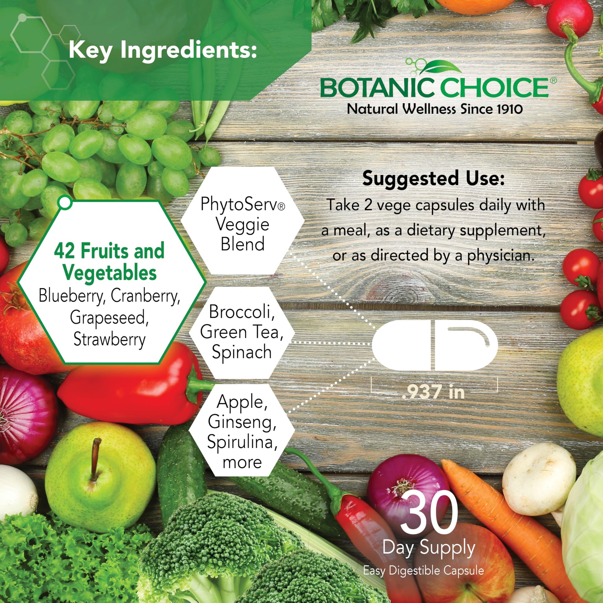 Botanic Choice Since 1910 - Mega Fruits & Veggies Blend - 42 Fruits and Vegetables - 2 Caps Daily - 60 Count Supplement Botanic Choice buy supplements Au
