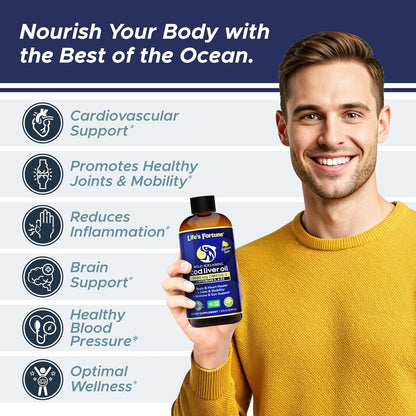 Life's Fortune Cod Liver Oil Liquid Lemon Flavor Organic Supplement with DHA, EPA 1000 mg High Potency Omega-3s + Vitamin A, E & D3 - Supports Immune, Joints, Eyes, 16 Fl Oz (Pack of 1)