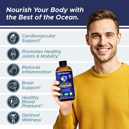 Life's Fortune Cod Liver Oil Liquid Lemon Flavor Organic Supplement with DHA, EPA 1000 mg High Potency Omega-3s + Vitamin A, E & D3 - Supports Immune, Joints, Eyes, 16 Fl Oz (Pack of 1)