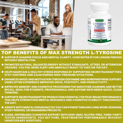 Max Strength L Tyrosine Supplement & N Acetyl L Tyrosine Peak Focus, Alertness, Concentration, Body & Mind Energy. L-Tyrosine 850mg Per 1 Capsule. A Well-Being Nutrient Boost For Performance BioWisdom Nutraceuticals buy supplements Au